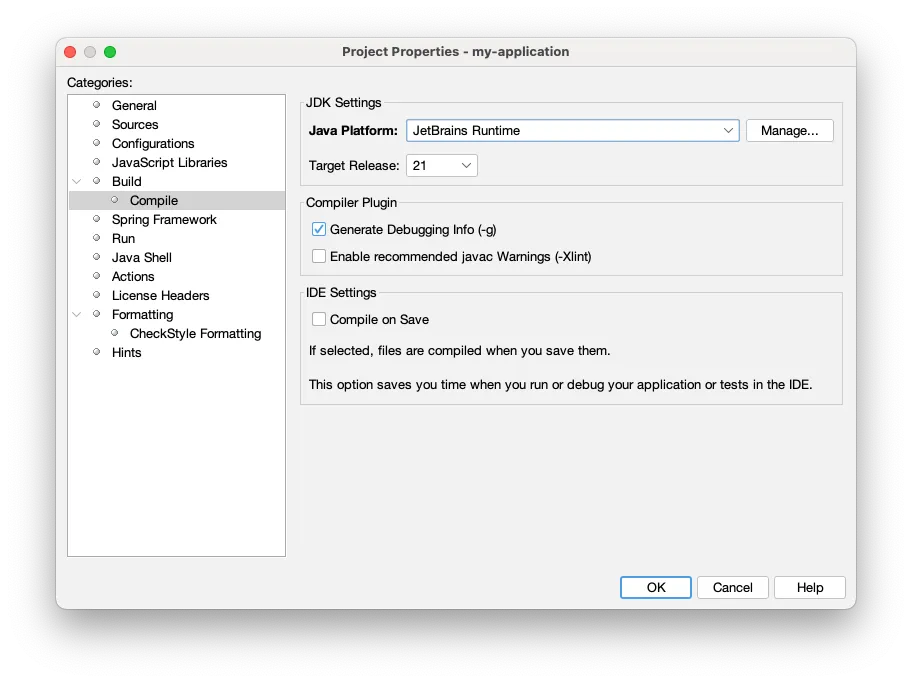 NetBeans project properties dialog
